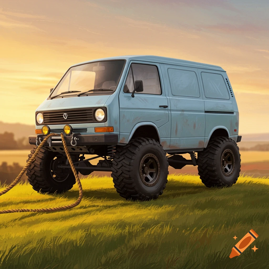 Light blue off-road van with large tires and ropes in a grassy field at sunset, illustration