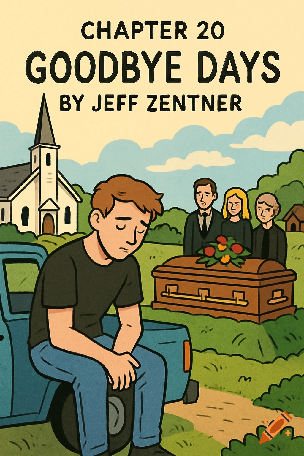 A cartoon drawing of a sad person sitting on a truck at a funeral.
