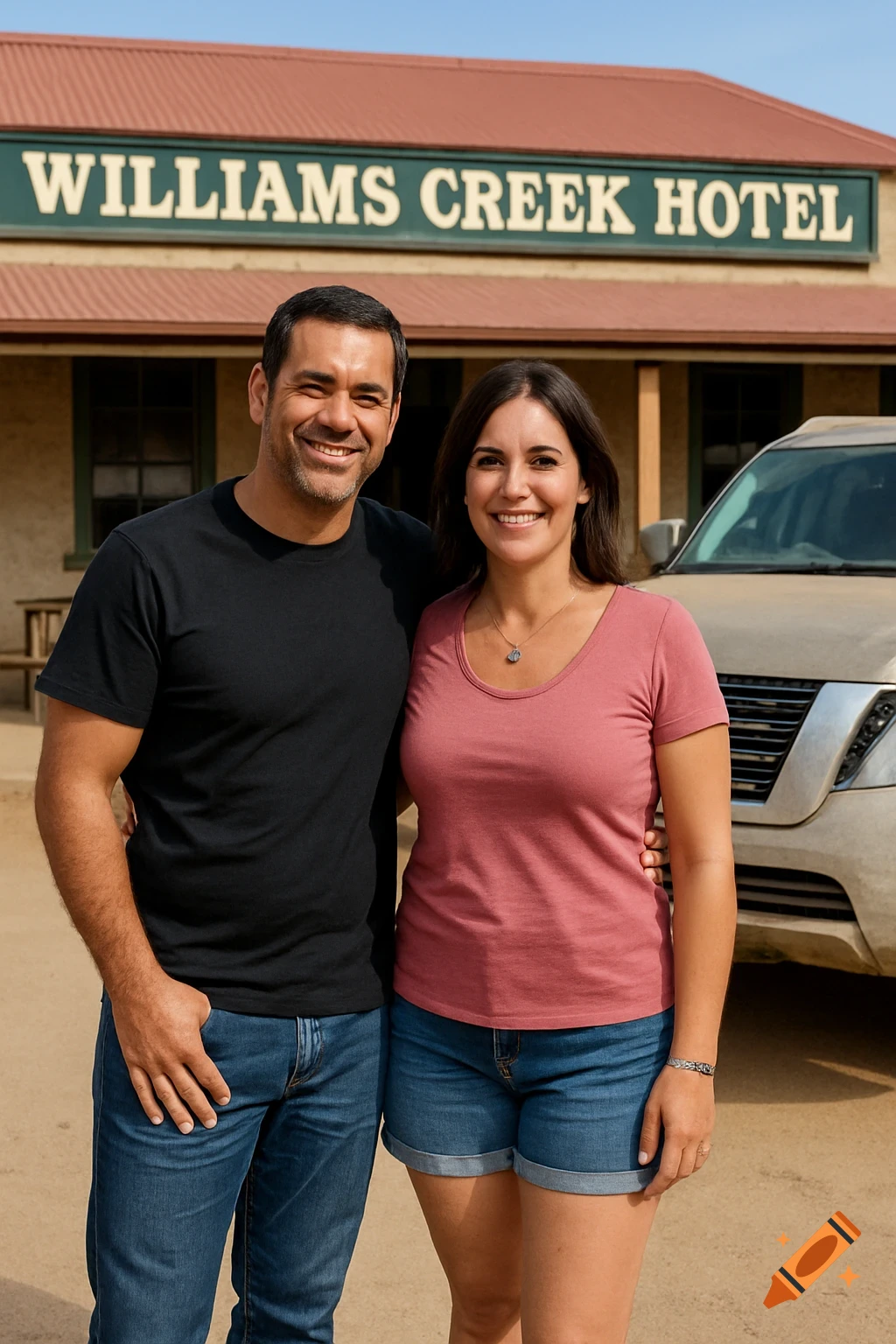 A couple stands in front of a building with a sign that says 'WILLIAMS CREEK HOTEL', next to a vehicle.
