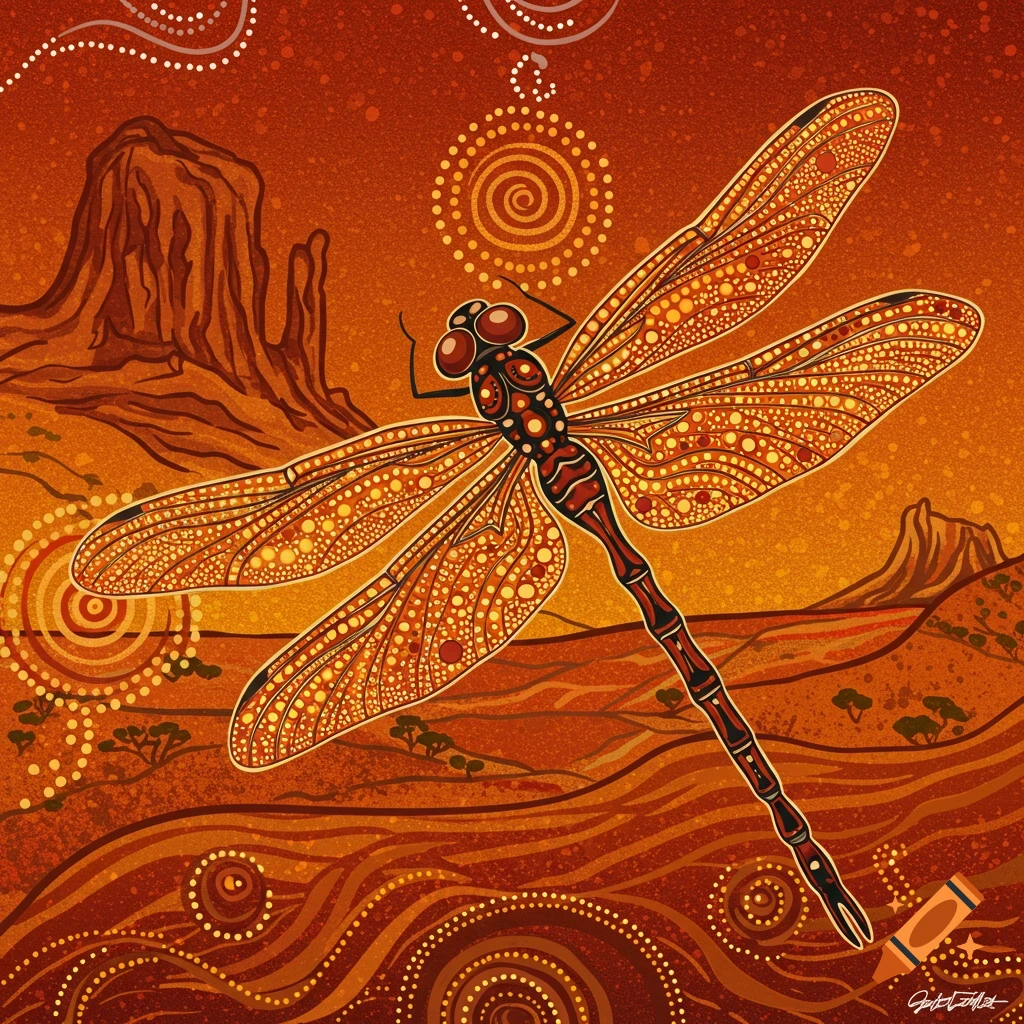 Dragonfly in aboriginal art style over a landscape