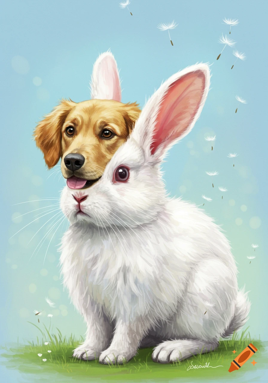 A golden retriever's head on a white rabbit's body sitting in grass with floating dandelion seeds, in a digital art style.