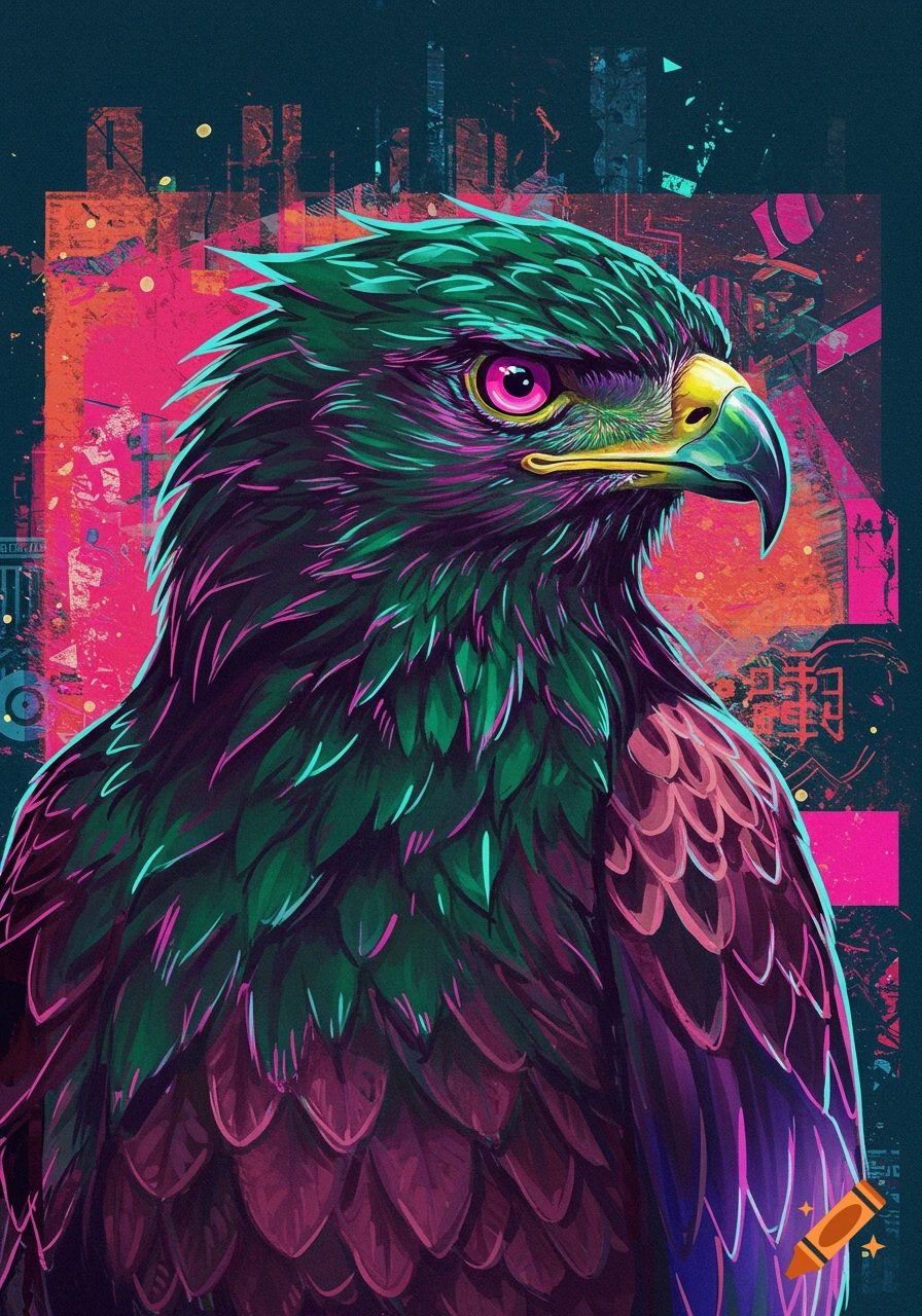 Stylized vibrant eagle portrait with colorful abstract background.