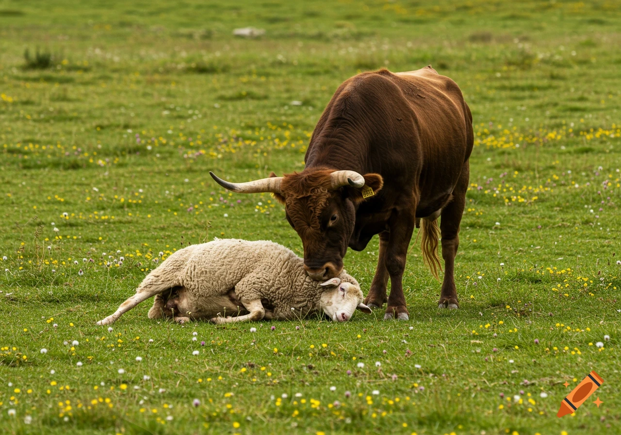 A brown bull interacts with a white sheep lying in a grassy field.