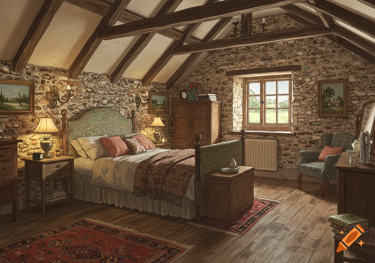 Cozy cottage bedroom with stone walls, wooden beams, and vintage furniture.