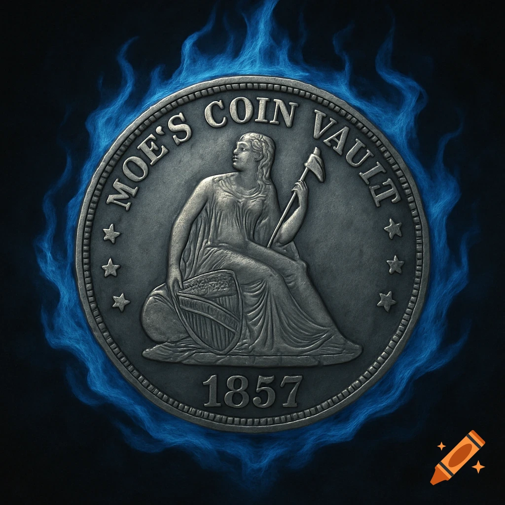 Silver coin with seated figure, text 'Moe's Coin Vault' and '1857', surrounded by blue flames.