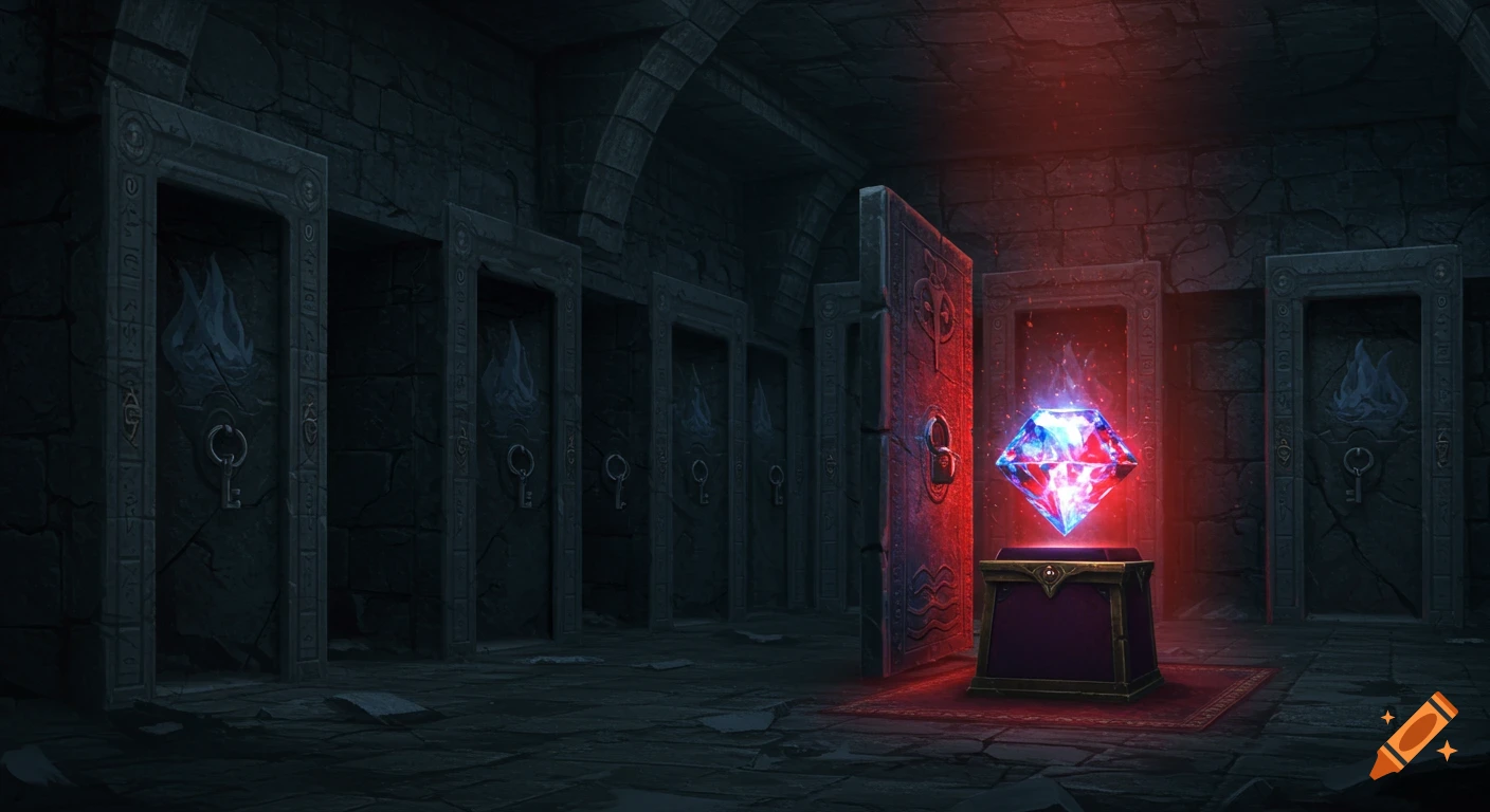 Dark underground vault with many stone doors, one open revealing a glowing red and blue gem on a pedestal.