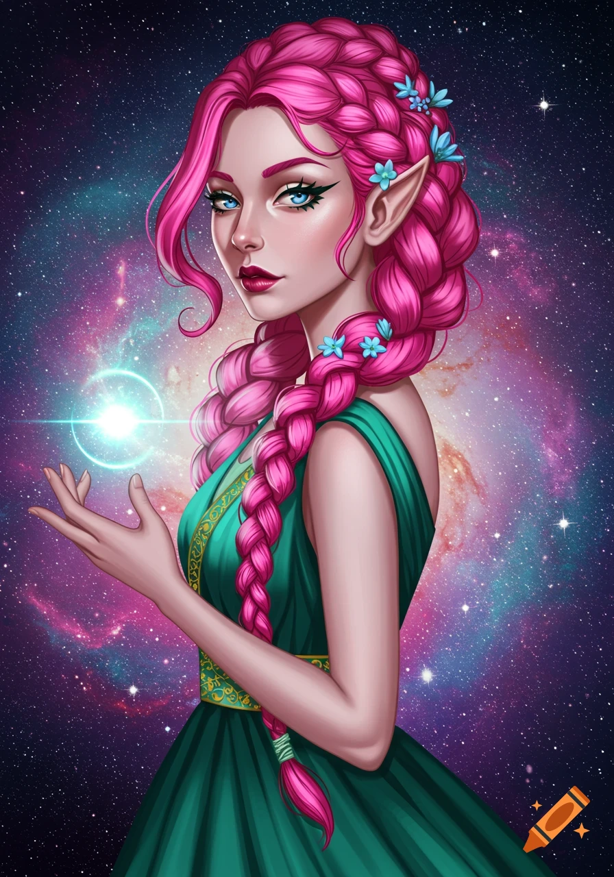 Fantasy elf woman with pink braided hair and green dress, holding a glowing orb in space.