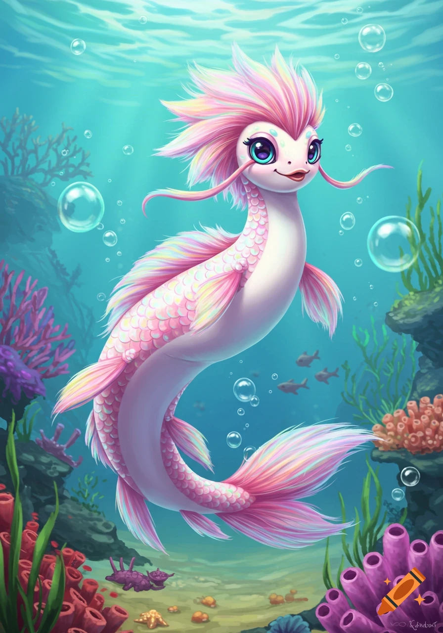 Cute pink fantasy creature swims underwater with coral and bubbles. on ...