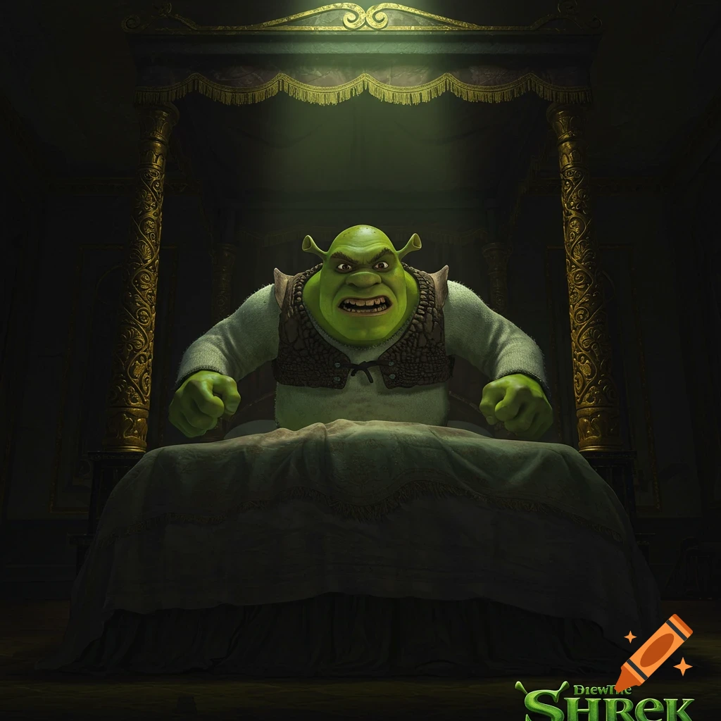 3D render of Shrek looking angry while sitting on a large bed in a dimly lit room