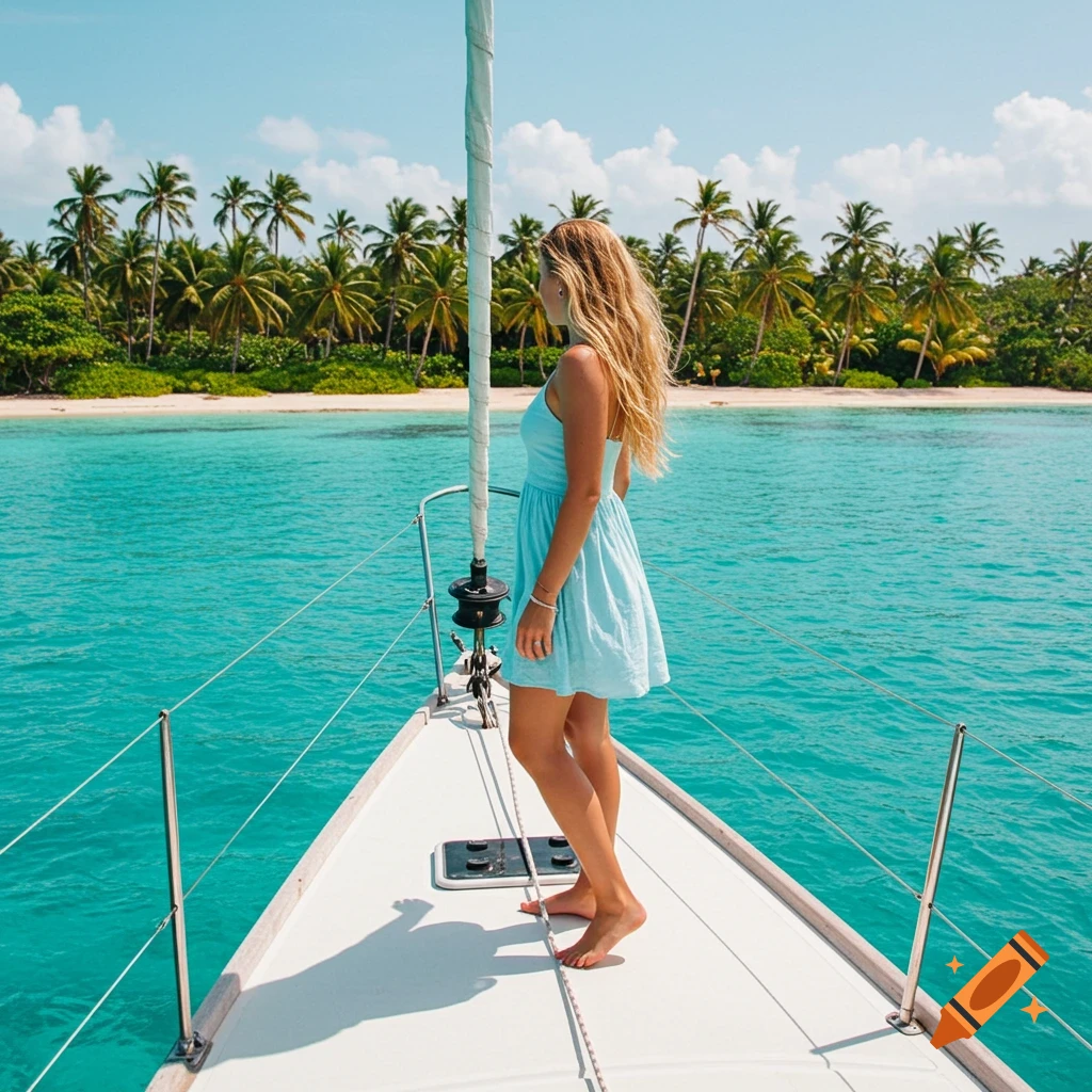 Blonde girl on a sailboat looking at a tropical beach with palm trees and turquoise water