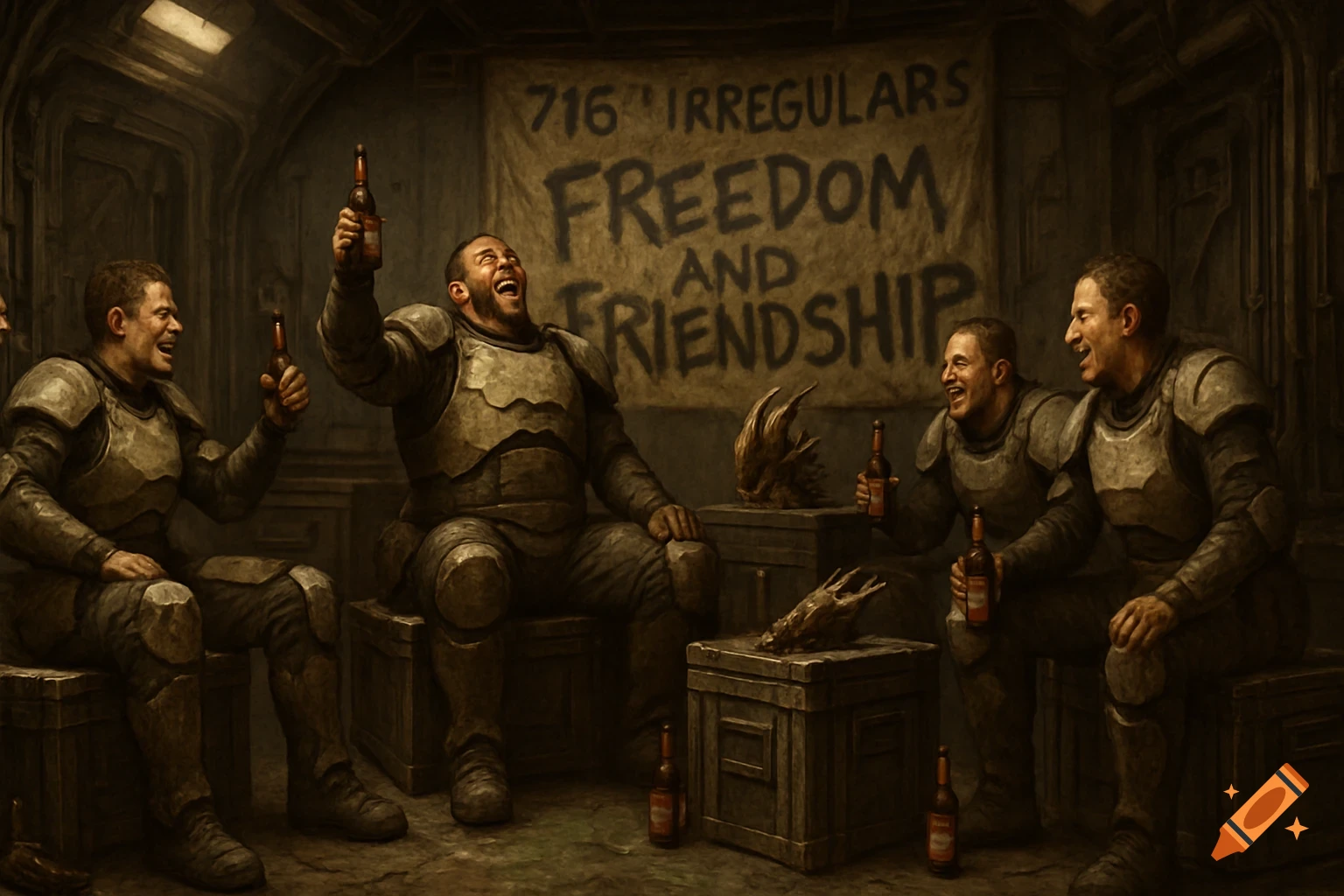 Armored soldiers laugh and drink beer in a grungy spaceship cargo bay with a banner that reads "716 Irregulars Freedom and Friendship".