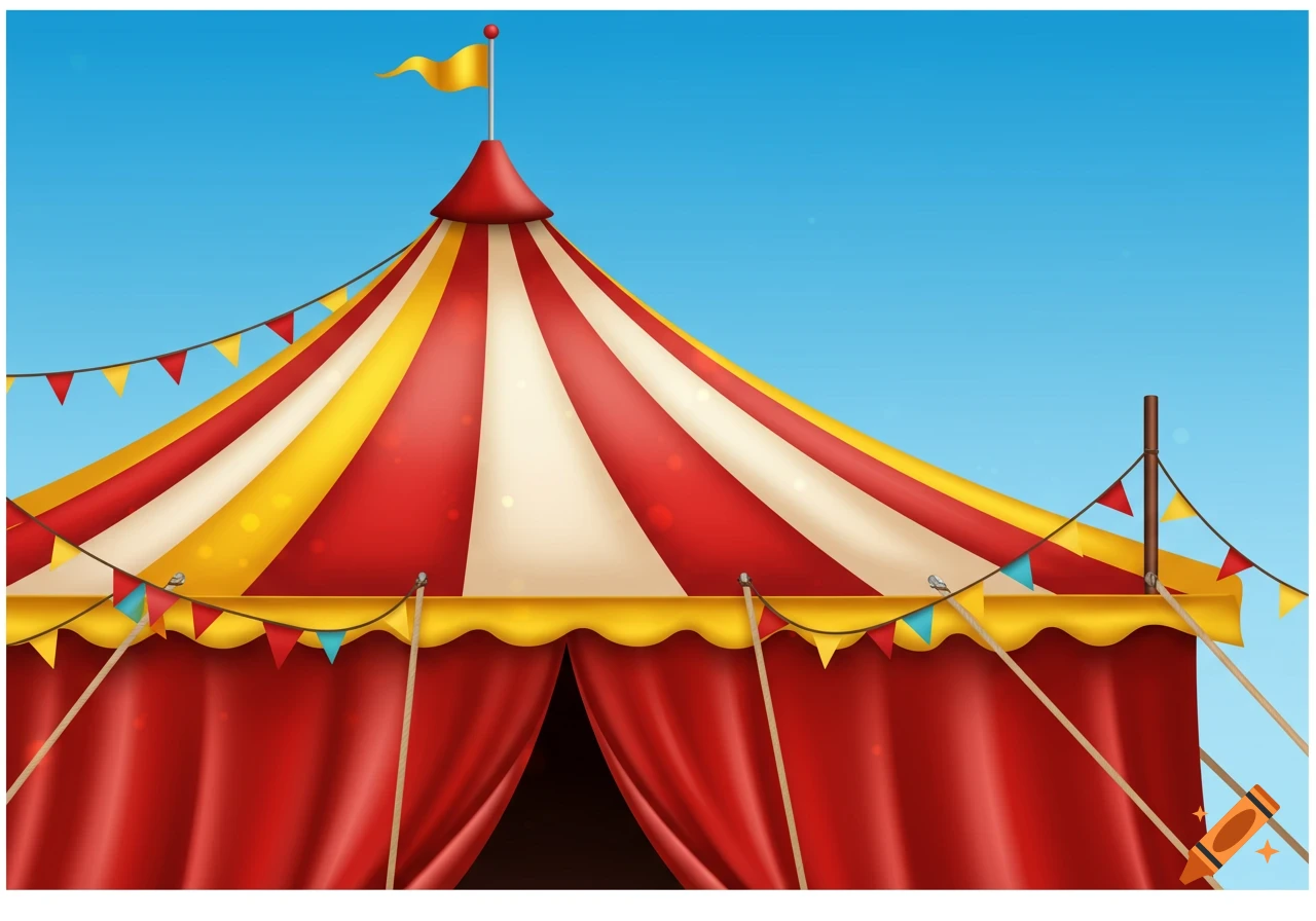 A large red and yellow striped circus tent with flags against a blue sky.