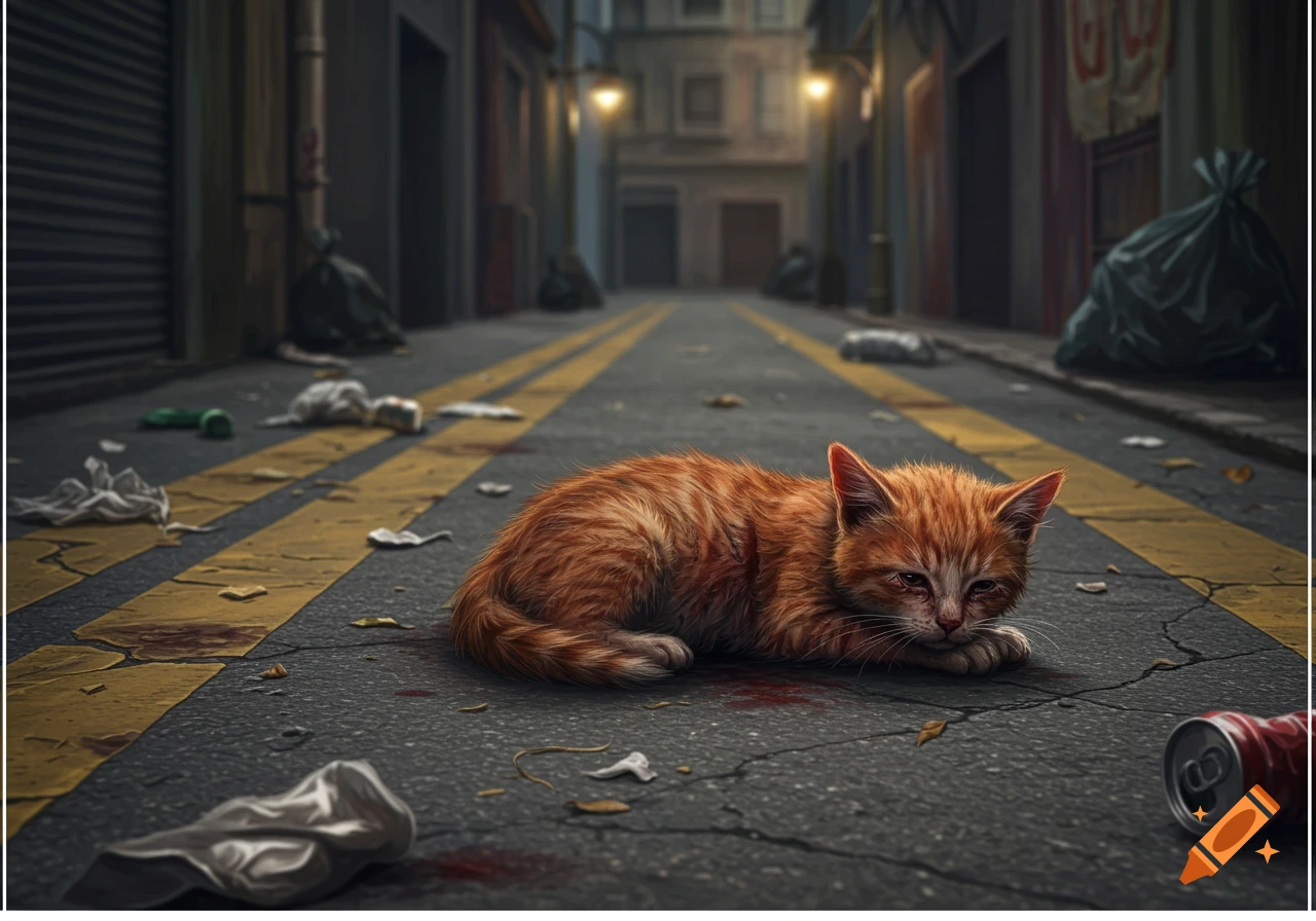 An orange kitten lies on a dirty street with trash and stains in an illustration.