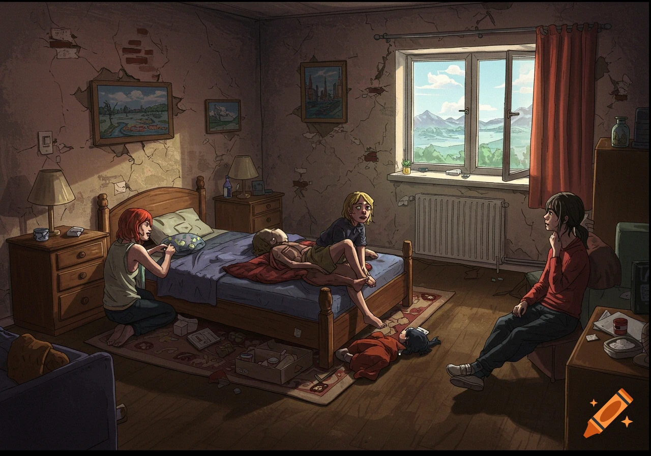 Illustration of people in a dilapidated room with cracked walls and a view of mountains outside a window.