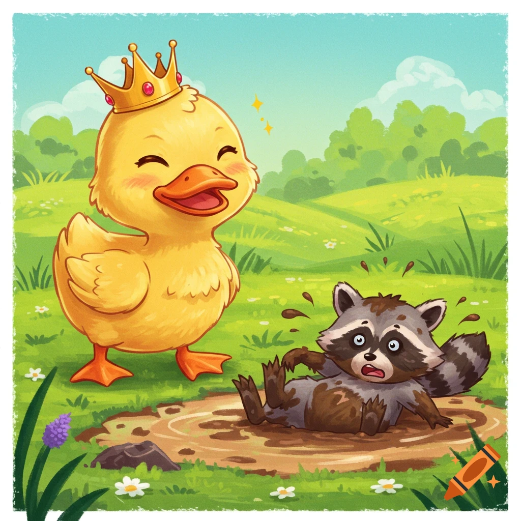 A cartoon illustration of a cute duck wearing a crown laughing at a muddy raccoon lying in a puddle.