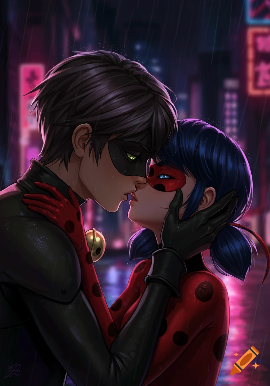 Cat Noir and Ladybug about to kiss in the rain at night.