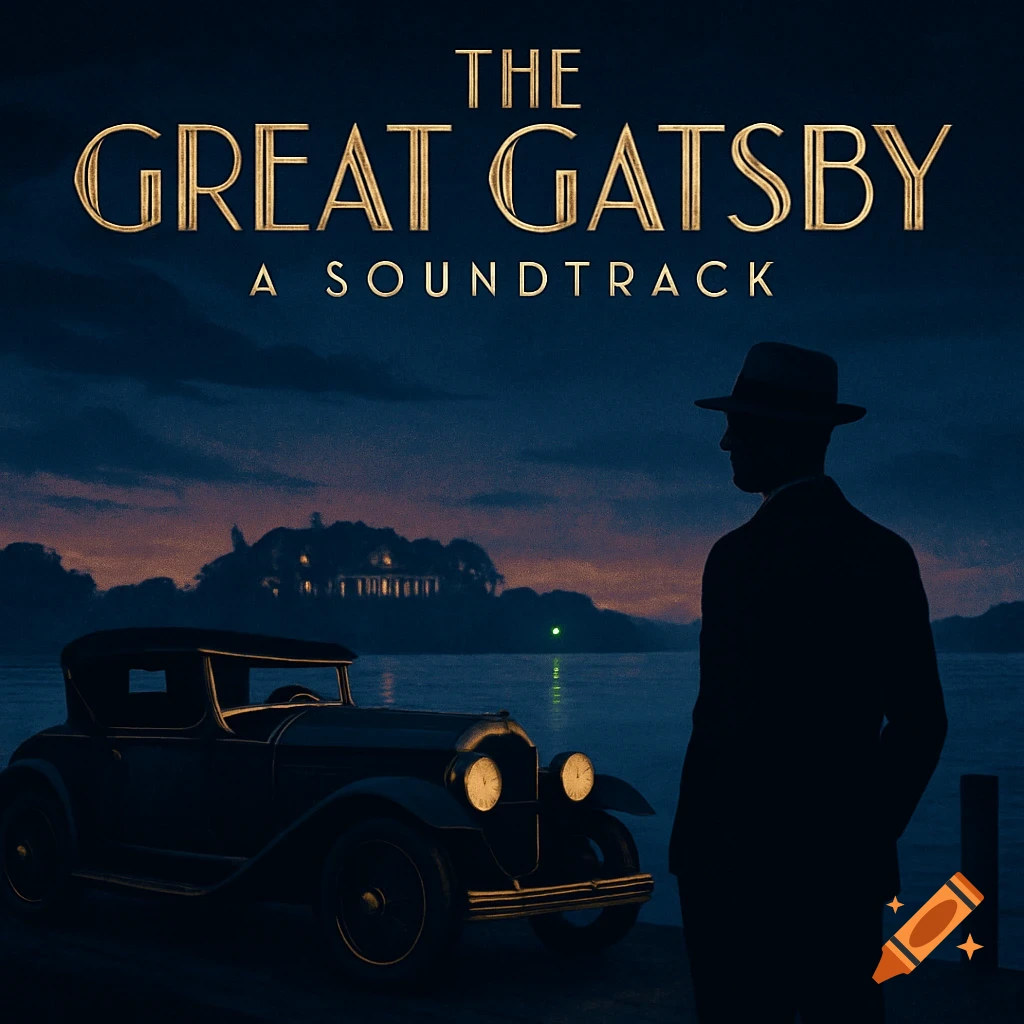 Illustration of a man and vintage car by the water at night, looking towards a mansion across the bay, with text "The Great Gatsby A Soundtrack".