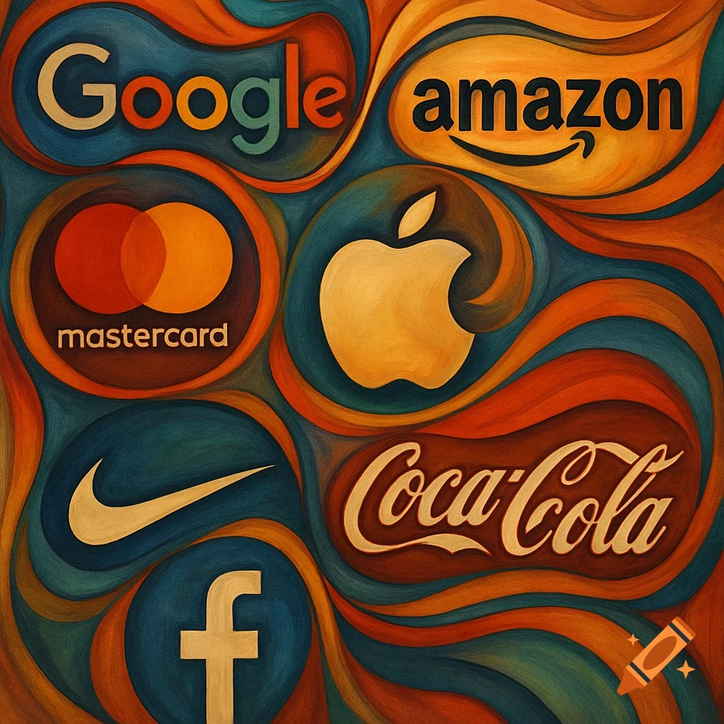 A stylized, colorful painting featuring various company logos like Google, Amazon, Apple, Coca-Cola, Mastercard, Nike, and Facebook on an abstract background.