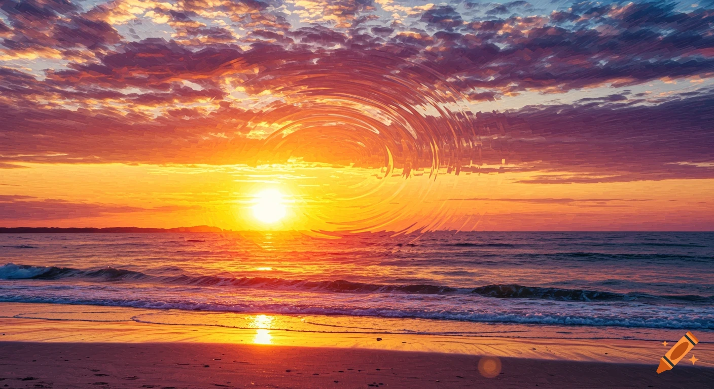 A stylized beach sunrise with a large circular ripple effect artifact over the sun.