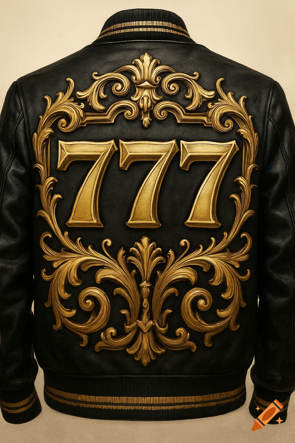Back of a black leather jacket with large, ornate gold numbers 777 and decorative gold patterns.