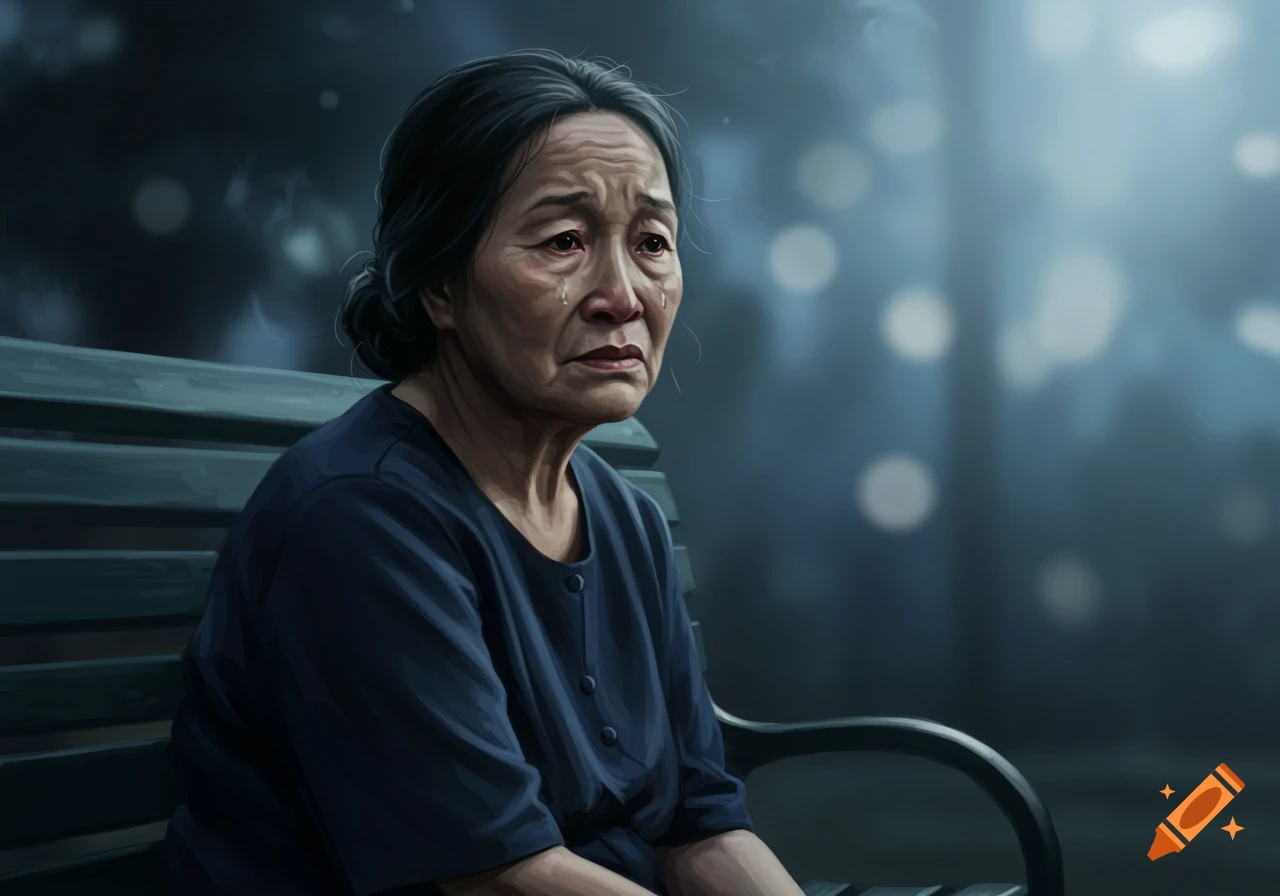 Digital painting of an older Asian woman sitting on a bench, crying with tears streaming down her face.