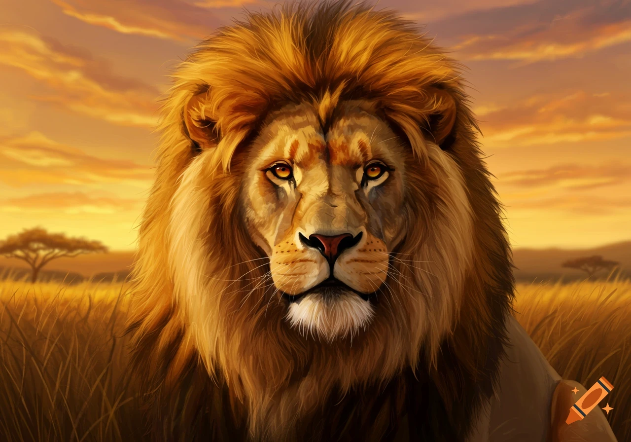 Close-up illustration of a male lion in a savanna at sunset
