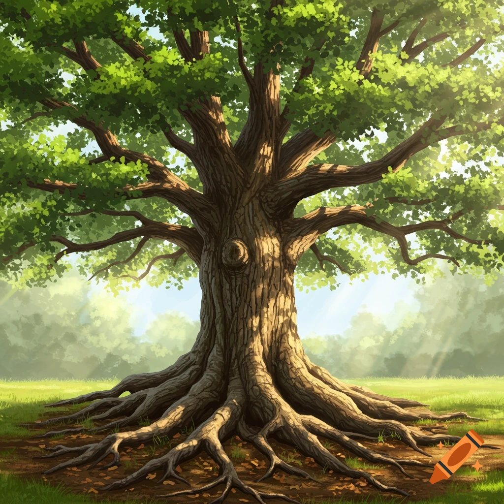 Large tree with extensive exposed roots in a sunlit grassy field, illustration style.