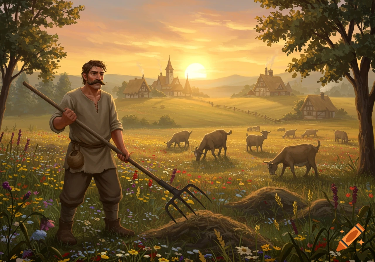 Medieval peasant with pitchfork in field with goats at sunrise. Village in background. Fantasy art style.