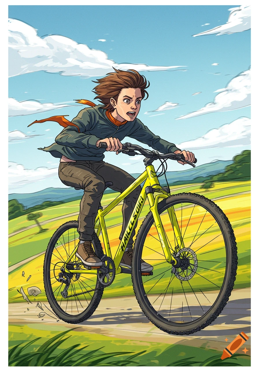 Illustration of a person riding a yellow mountain bike on a dirt path through a hilly, green landscape under a cloudy sky.