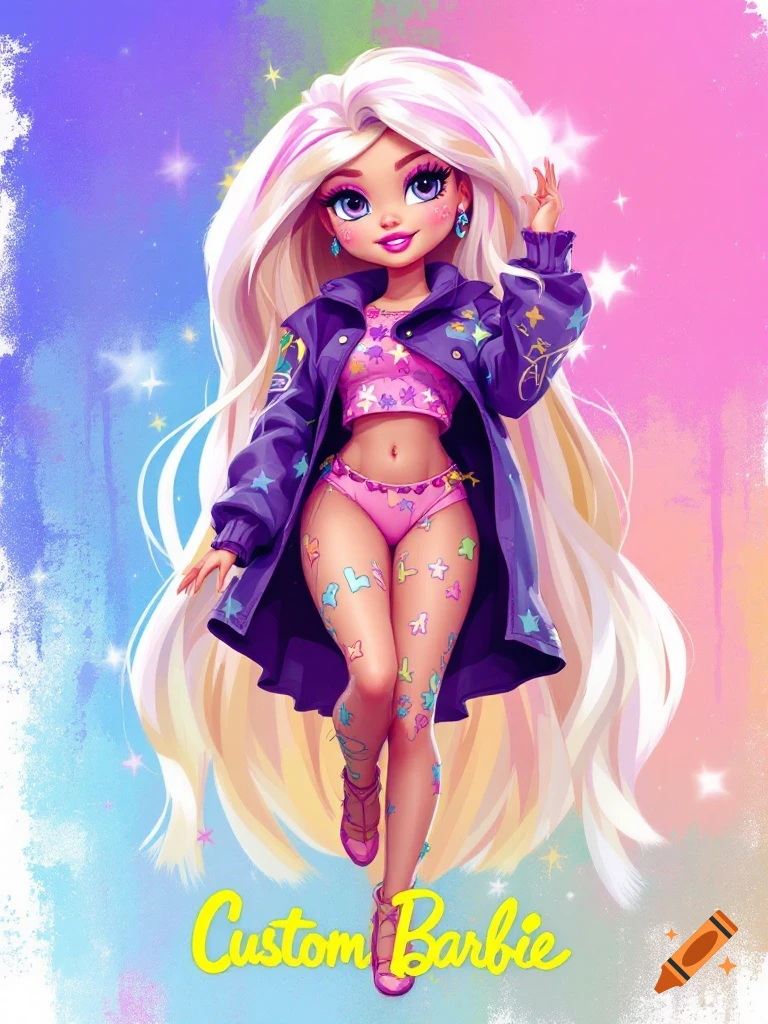 Stylized illustration of a doll wearing purple jacket & pink outfit w/ stars, text Custom Barbie
