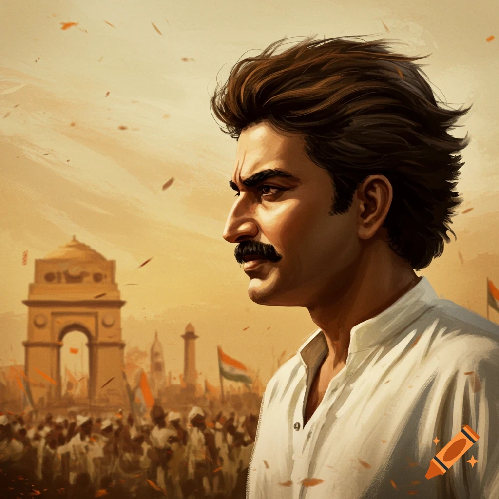 Profile of a man with a mustache in front of India Gate with flags and a crowd.