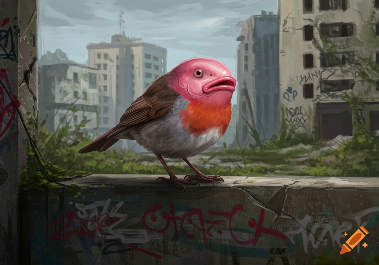 An illustration of a robin-bodied creature with a pink blobfish head perched on a graffiti-covered wall in an abandoned city.