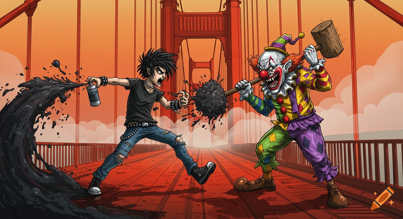An emo person spraying black liquid at a scary clown with a mallet on the Golden Gate Bridge.