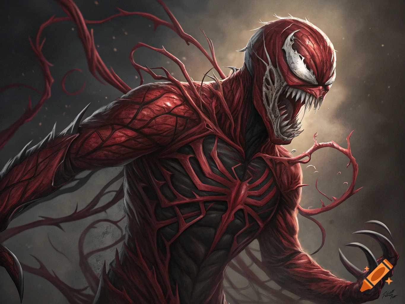 Close-up of Carnage, a red and black symbiote creature with sharp teeth and claws, against a dark background.
