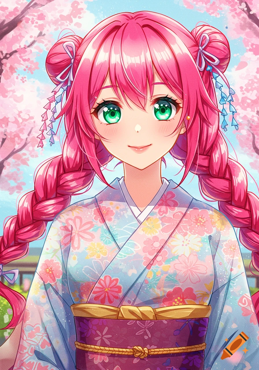 An anime girl with pink hair and green eyes wearing a floral kimono, standing among cherry blossoms.