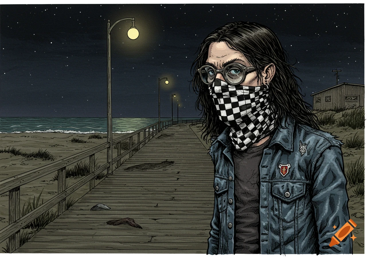Illustration of a longhaired person in a denim jacket and checkered mask standing on a boardwalk at night.