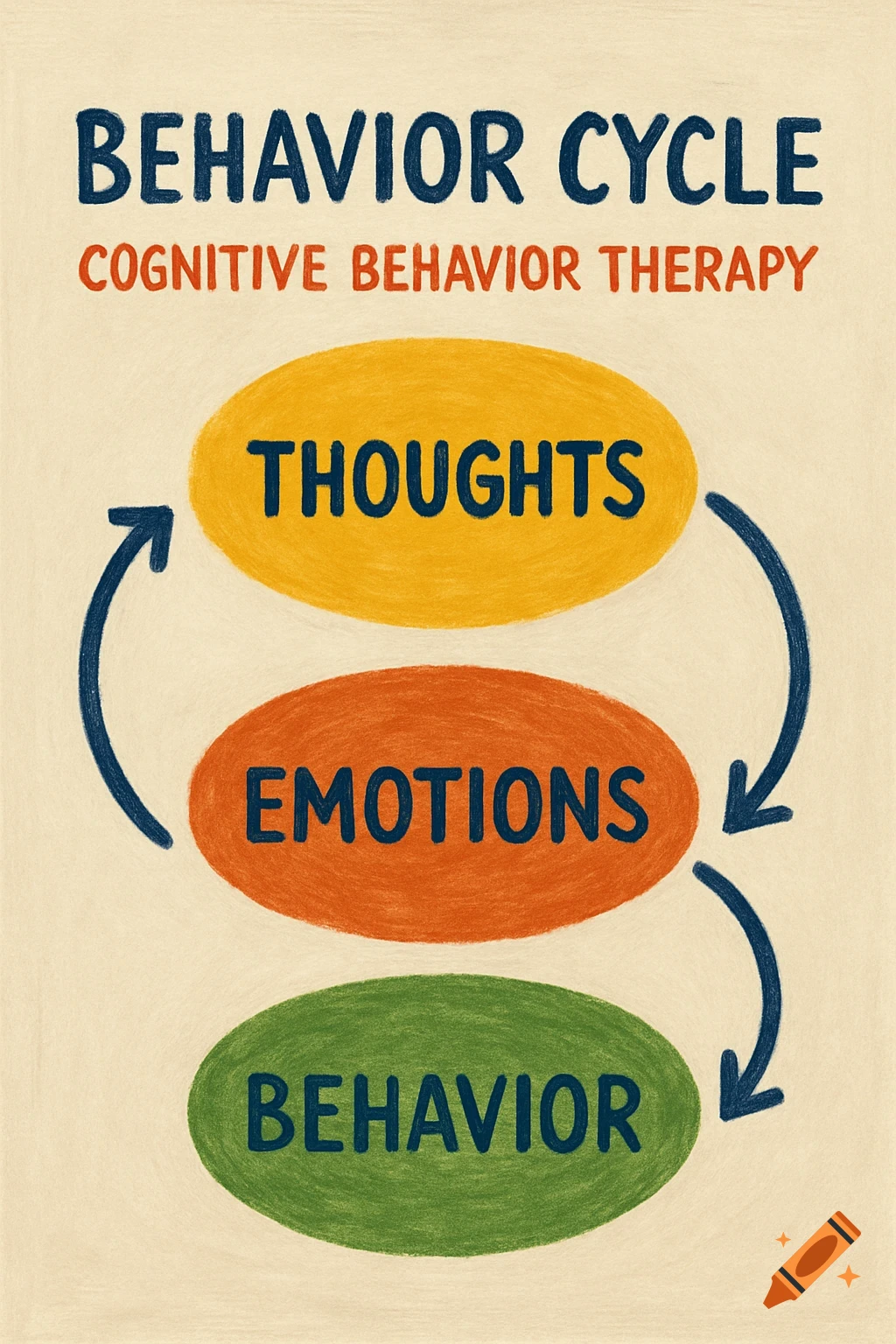 Diagram showing the behavior cycle: thoughts, emotions, behavior, connected by arrows. Illustrated in a crayon style.