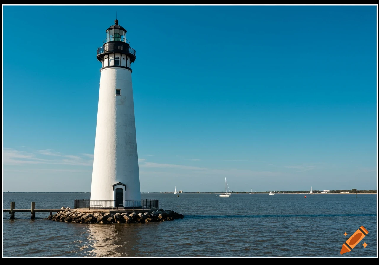 A white lighthouse stands on a rocky island in the water with boats and a blue sky.