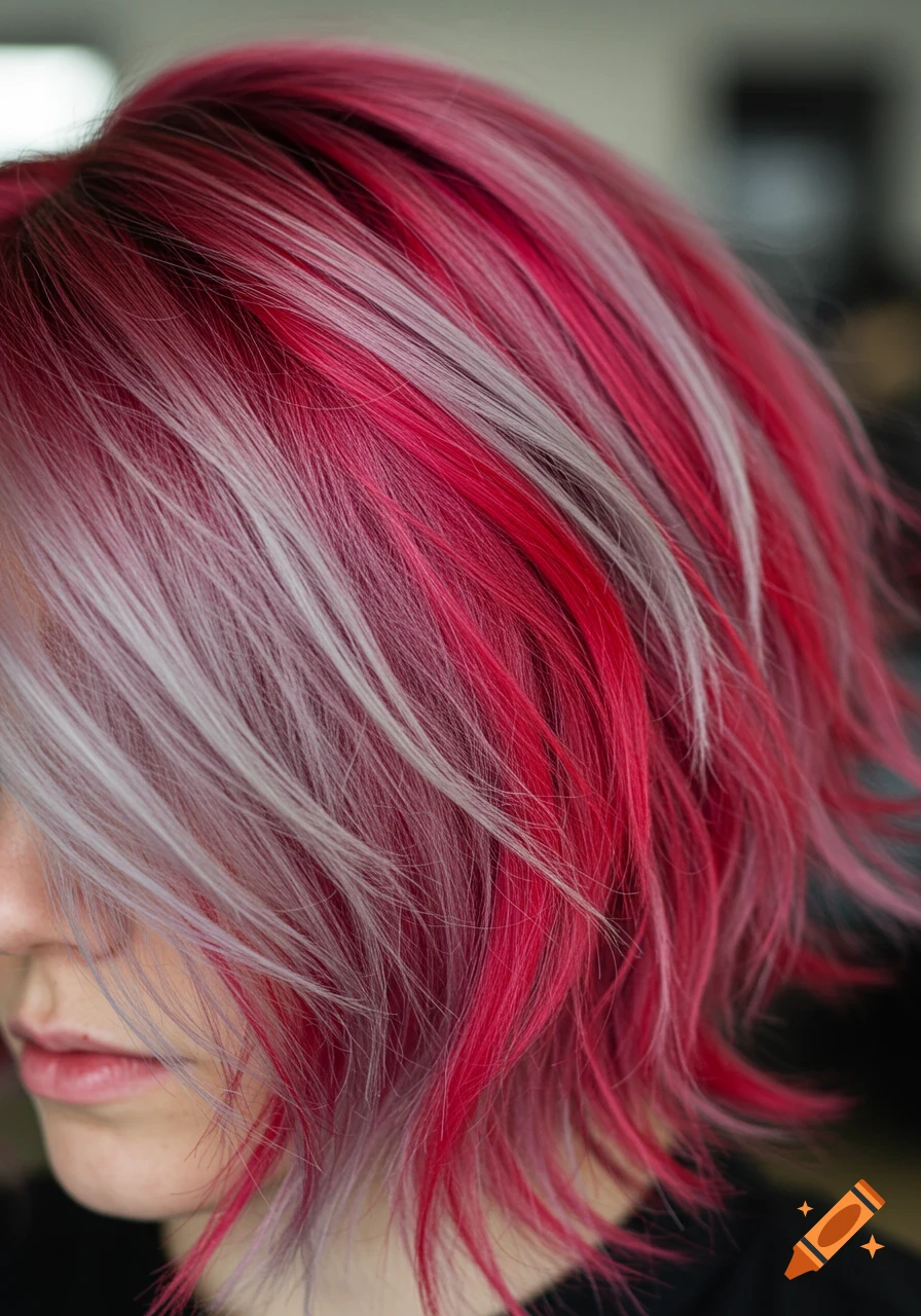 Close-up of silver and red highlighted shag cut hair.