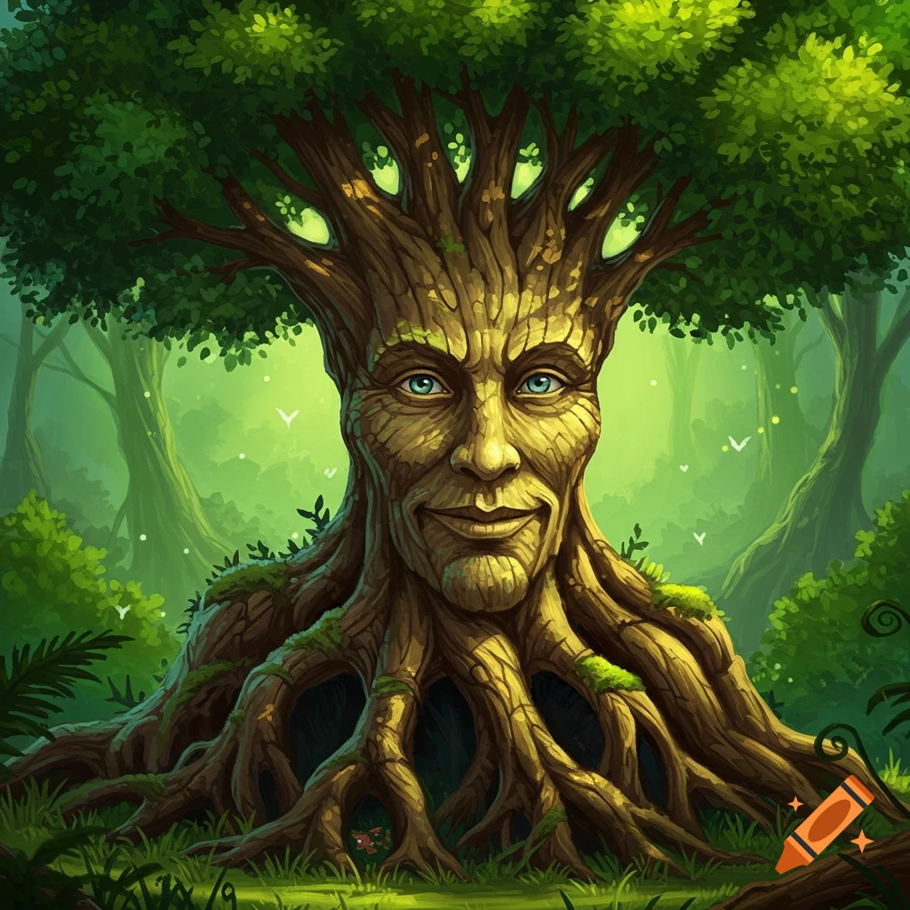 A living tree with a face sits in a fantasy forest.