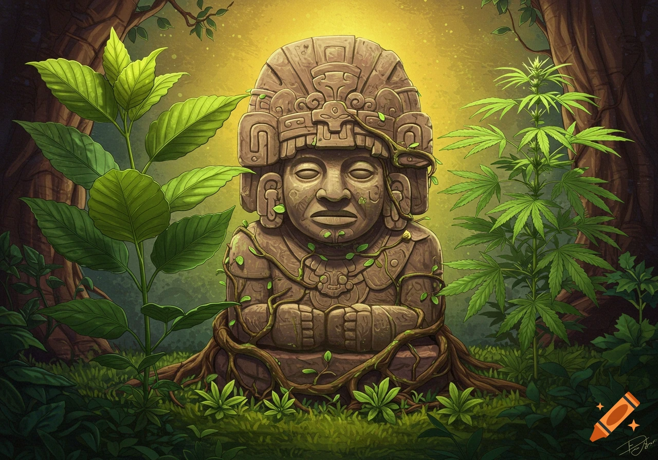 Illustration of an ancient stone statue wrapped in vines and roots surrounded by green plants in a forest.