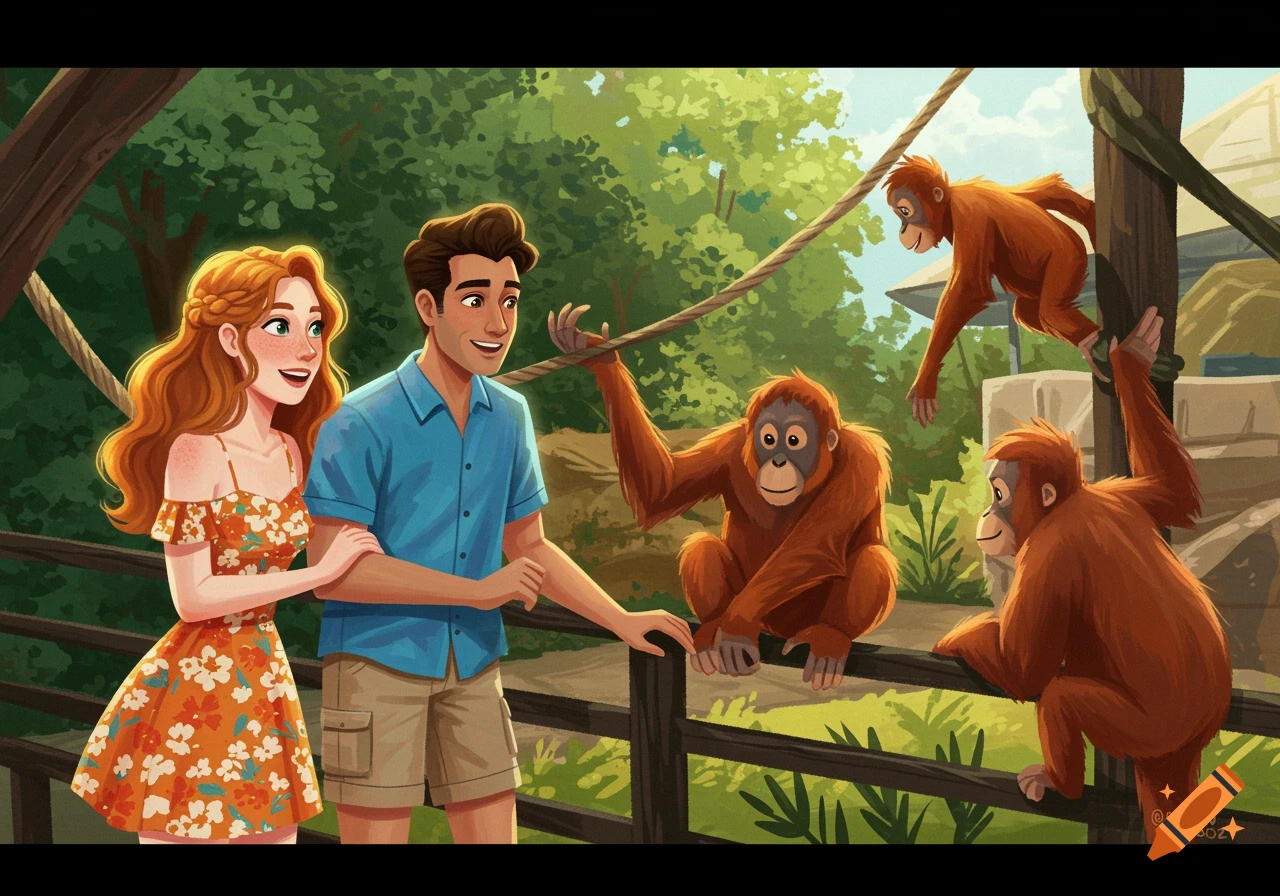 A cartoon illustration of a young couple watching orangutans at a zoo enclosure.
