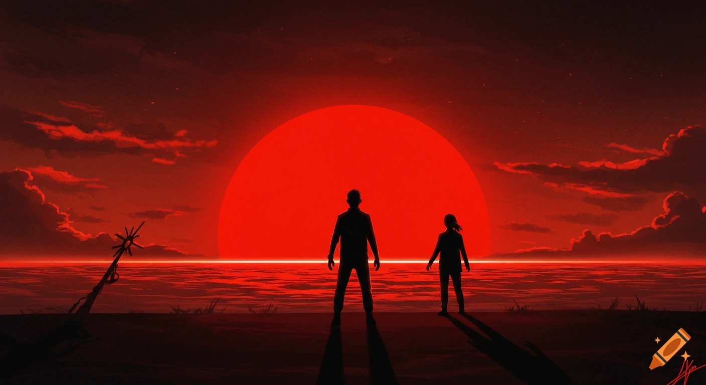 Two silhouettes stand facing a giant red sun setting over a dark landscape, dramatic illustration.