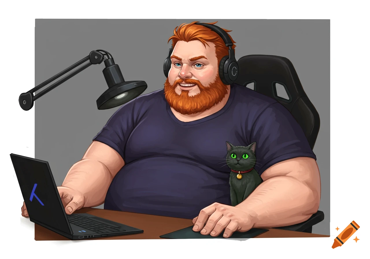 Stylized illustration of a bearded man with a cat on his shoulder at a desk with a laptop.