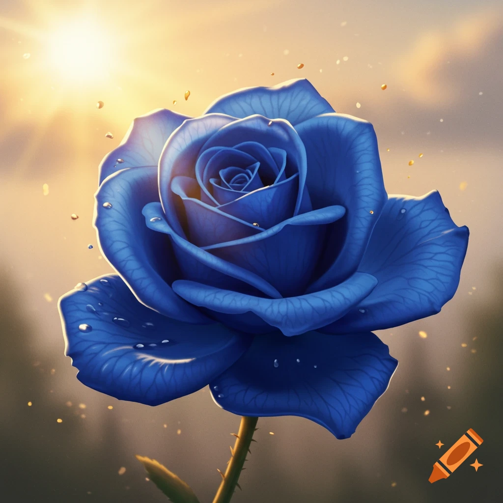 A blue rose with water drops bathed in sunlight.