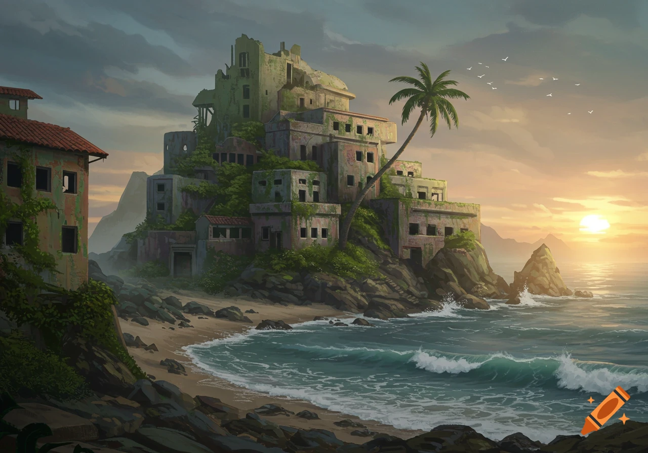 A ruined building sits on a rocky tropical beach at sunset, with a palm tree and birds overhead.