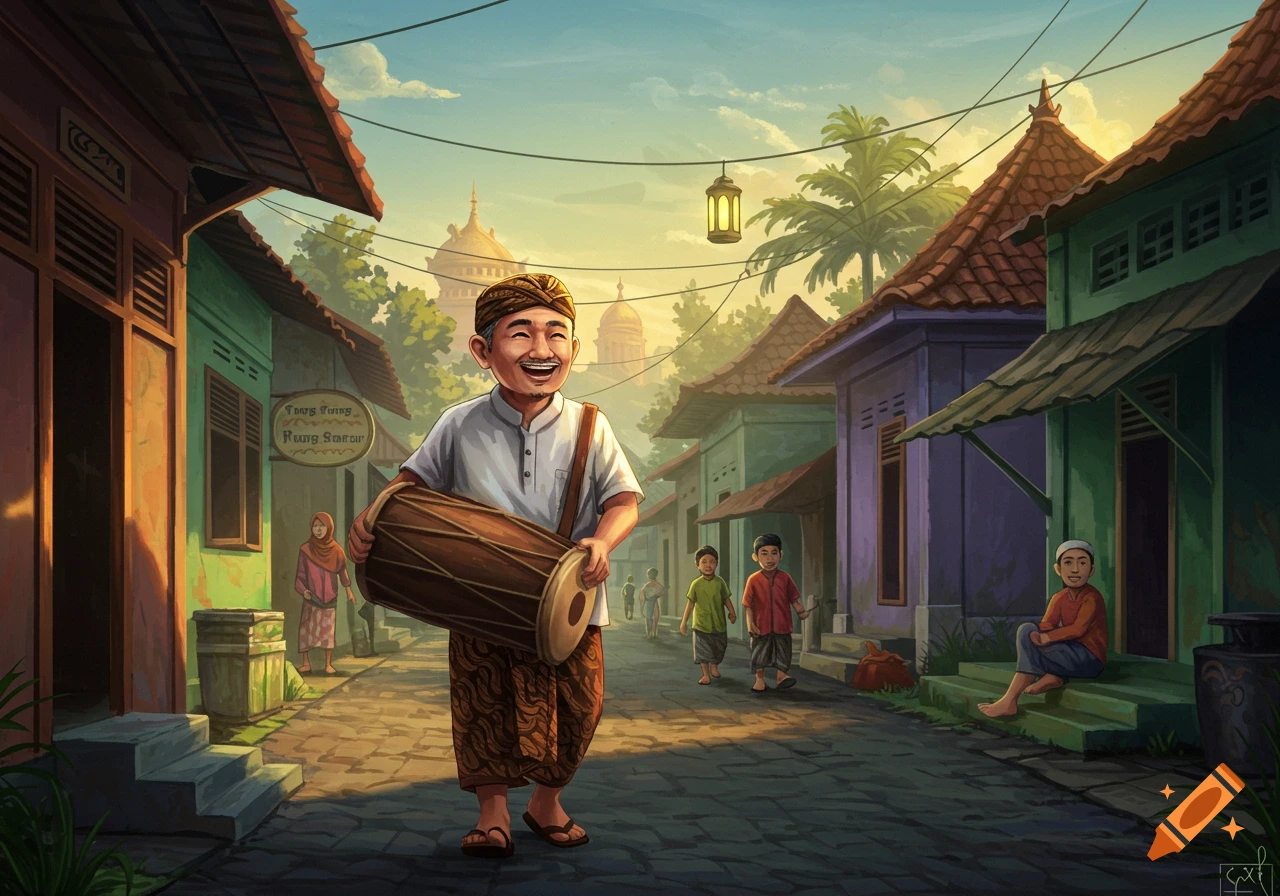 Man with drum walks down village street past traditional houses and people, illustration