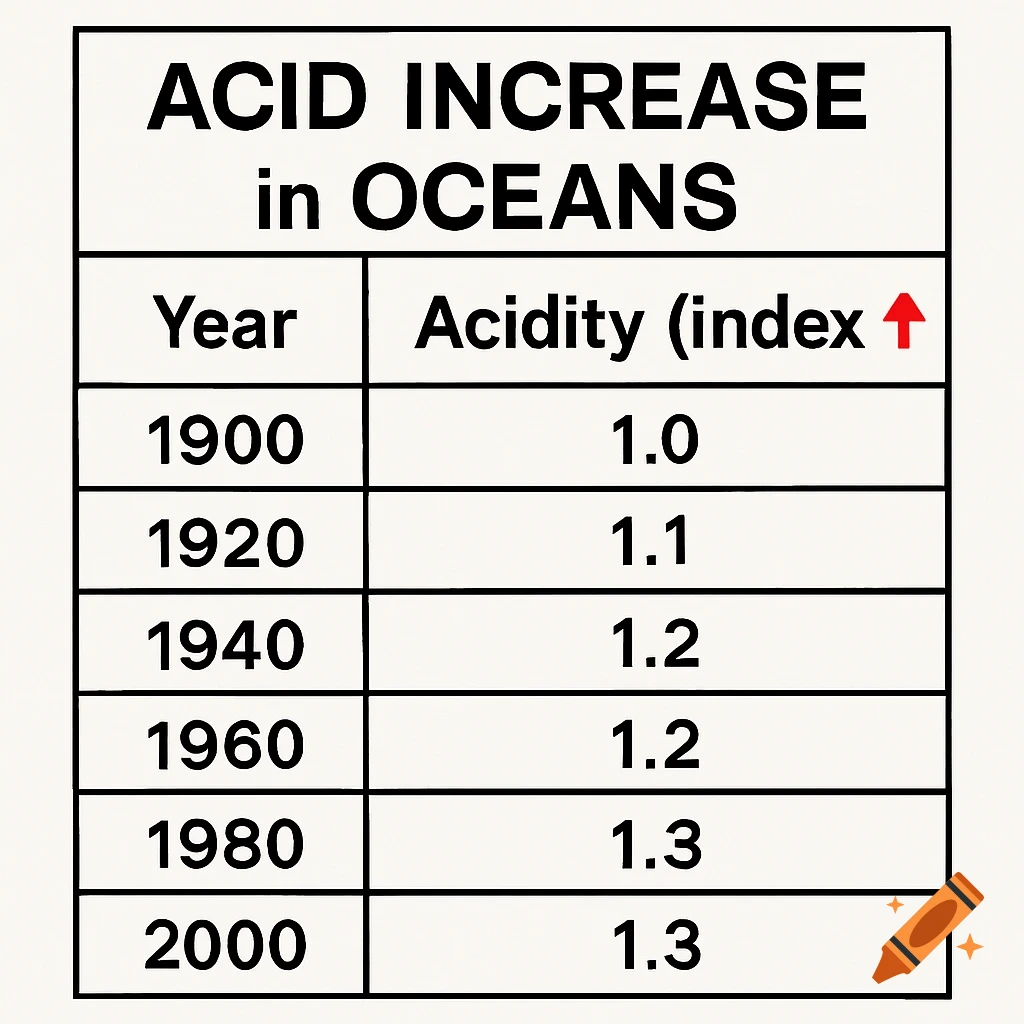 Table showing ocean acidity index increase from 1900 to 2000.