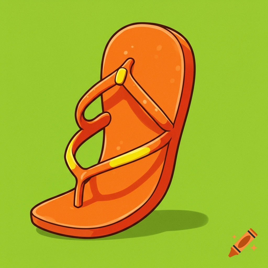 A cartoony orange flip-flop sandal standing upright against a green background.