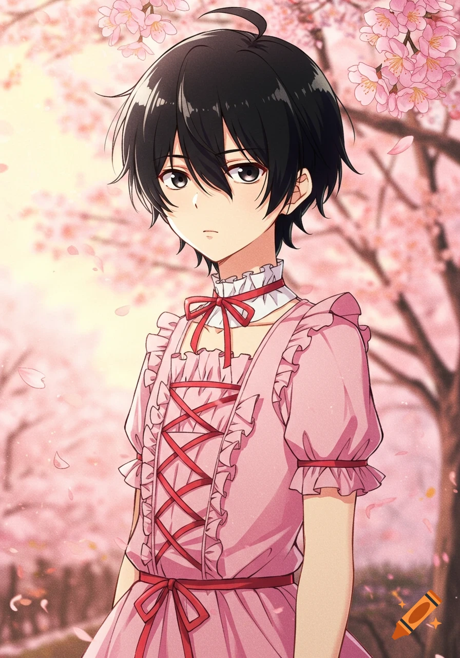 Anime boy with black hair wearing a pink ruffled dress with red ribbons, standing among cherry blossoms.